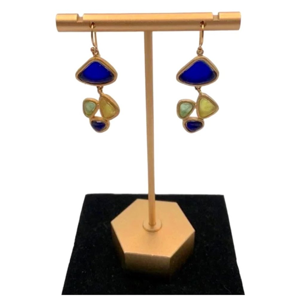 NIB Michael Vincent Michaud Pebble Gold, Blue & Green Recycled Glass Earrings